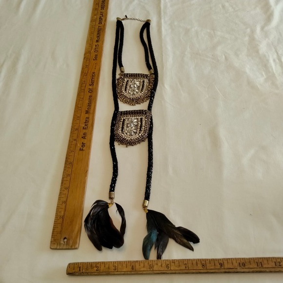 Iris Apfel & Bajalia Black-Clear Rhinestone Feathered Beaded 2 Layer Necklace - Picture 9 of 16